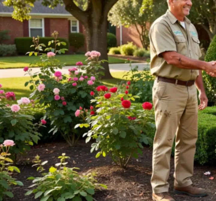 Smiling client shaking hands with a gardener beside freshly pruned plants