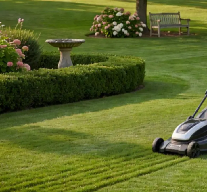 Professional gardener mowing a healthy green lawn with precision.
