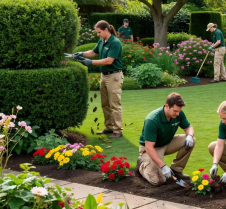 Tryhardgg Solutions Limited maintenance team working in a lush green garden