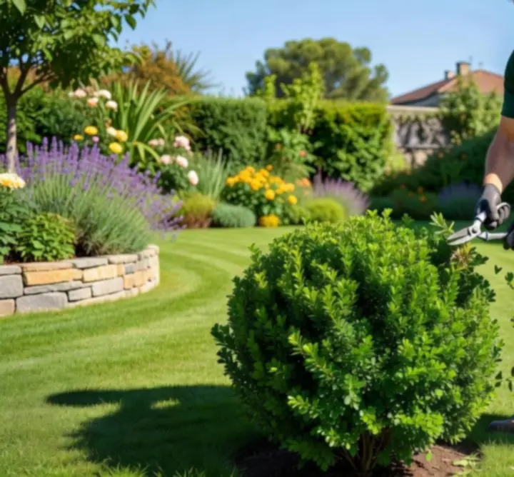 Professional gardener carefully pruning a green shrub in a tidy residential garden