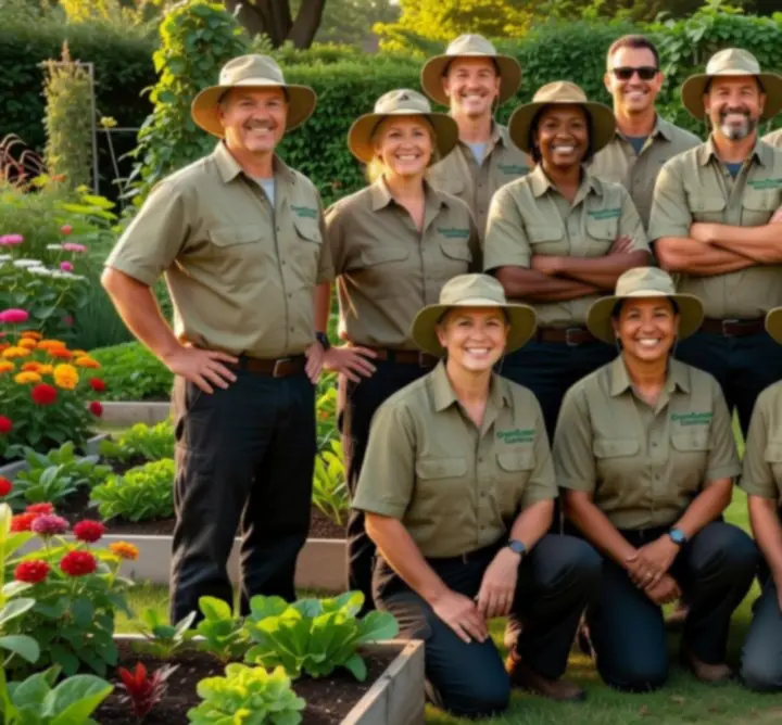 Tryhardgg Solutions Limited gardening team standing together in a landscaped garden