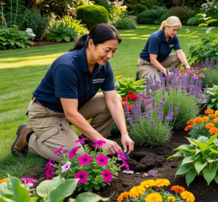 Professional gardeners planting flower beds in a modern residential garden