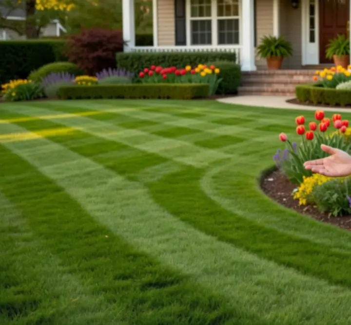 Happy client standing on a freshly maintained, vibrant green lawn
