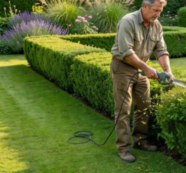 Gardener trimming a hedge to a clean, even line.