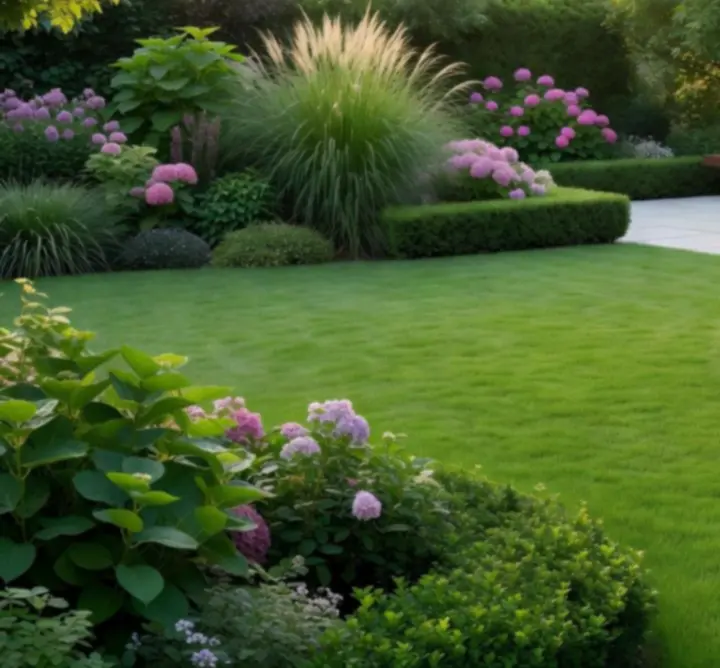 A vibrant, professionally maintained garden landscape with lush green lawns and healthy plants.