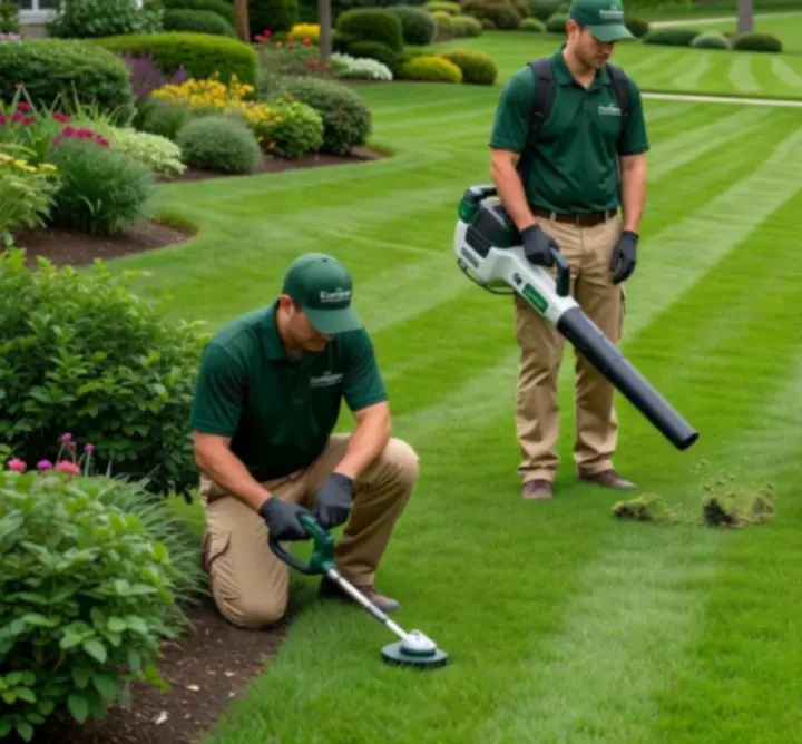 Tryhardgg Solutions Limited lawn care team providing professional mowing and edging on a green lawn