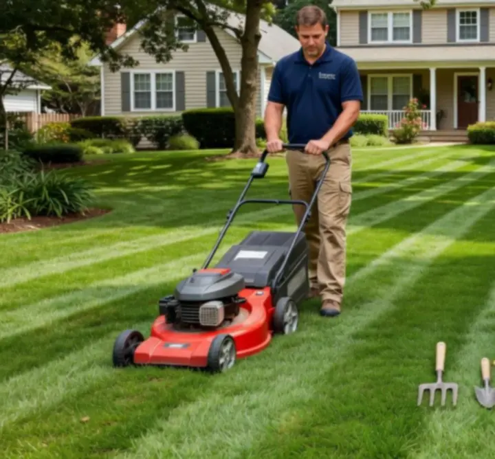 Professional gardeners at work carefully maintaining a residential garden.