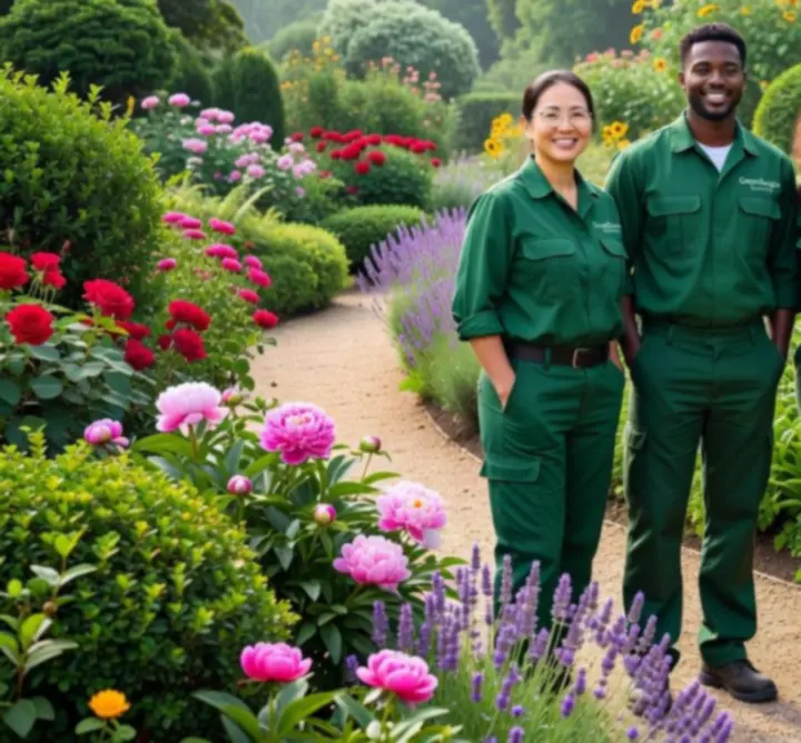 Team of garden experts standing together in a landscaped outdoor area.