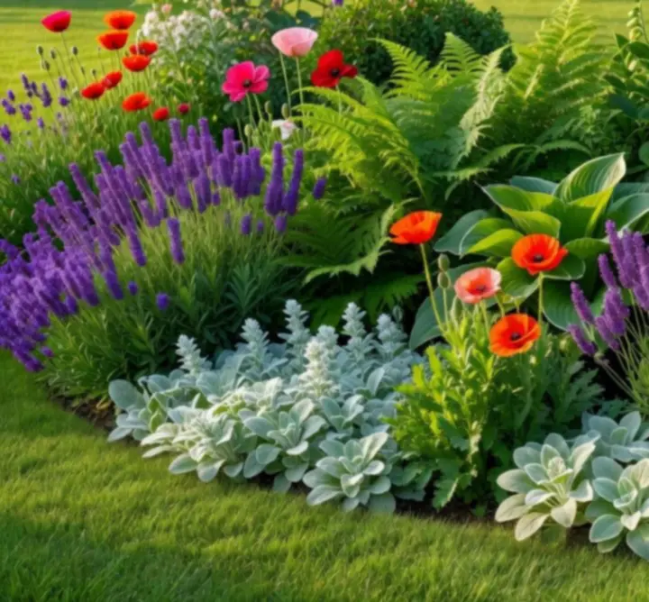 Lush garden border with layered planting and seasonal flowers