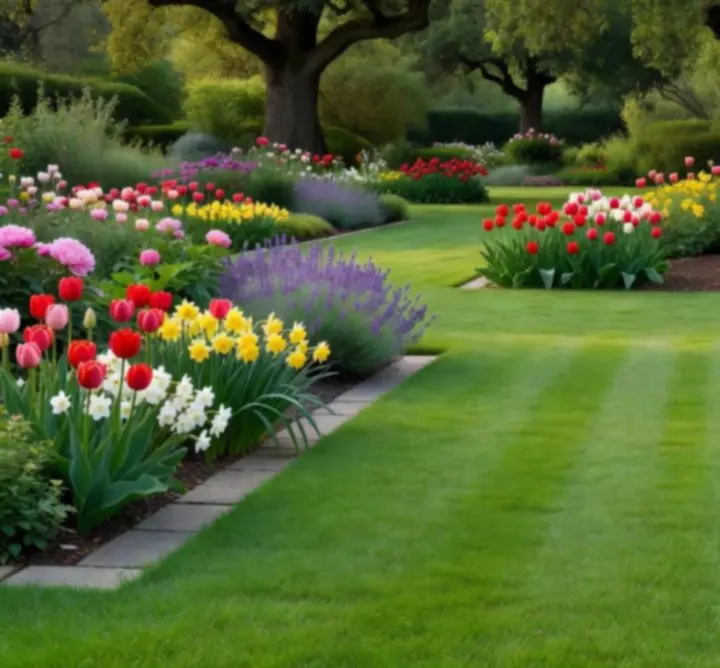 A vibrant, well-maintained garden with lush green lawns and healthy planting beds.